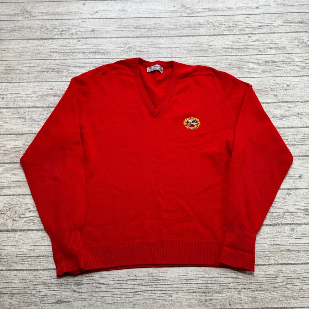 Vintage Burberrys Sweater Men's 42 Red Knit Lambswool V-Neck Pullover Scotland